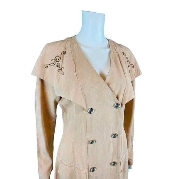 Vintage 90s Tunic Top Women's Large Beige Bronze Studded Large Collar Blouse - Picture 3 of 10